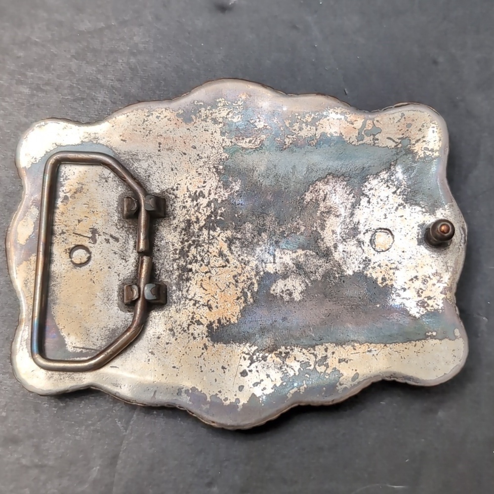 Western/Navajo Style Metal Belt Buckle, Features A Longhorn Skull with Feathers. - Picture 4 of 7
